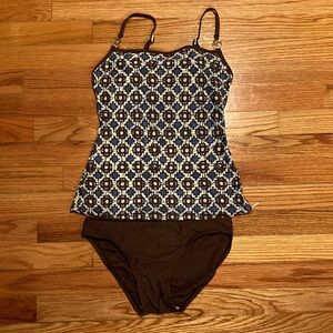 Michael Kors Women's Brown and Blue Patterned Tankini Set size Petite
